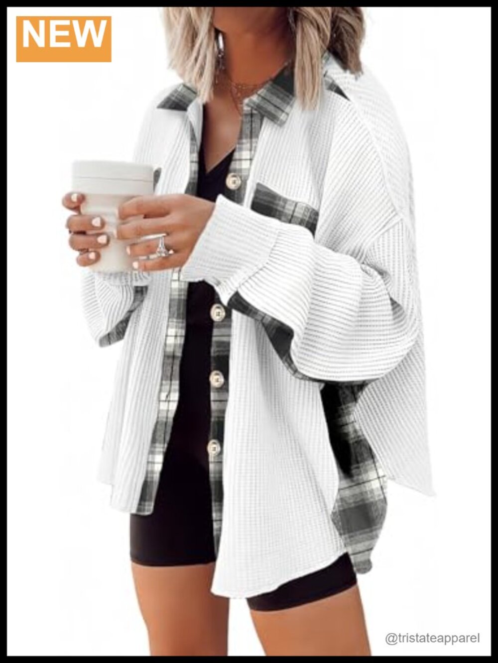 Womens Waffle Knit Plaid Shacket Lightweight Jacket Button Down Long Sleeve